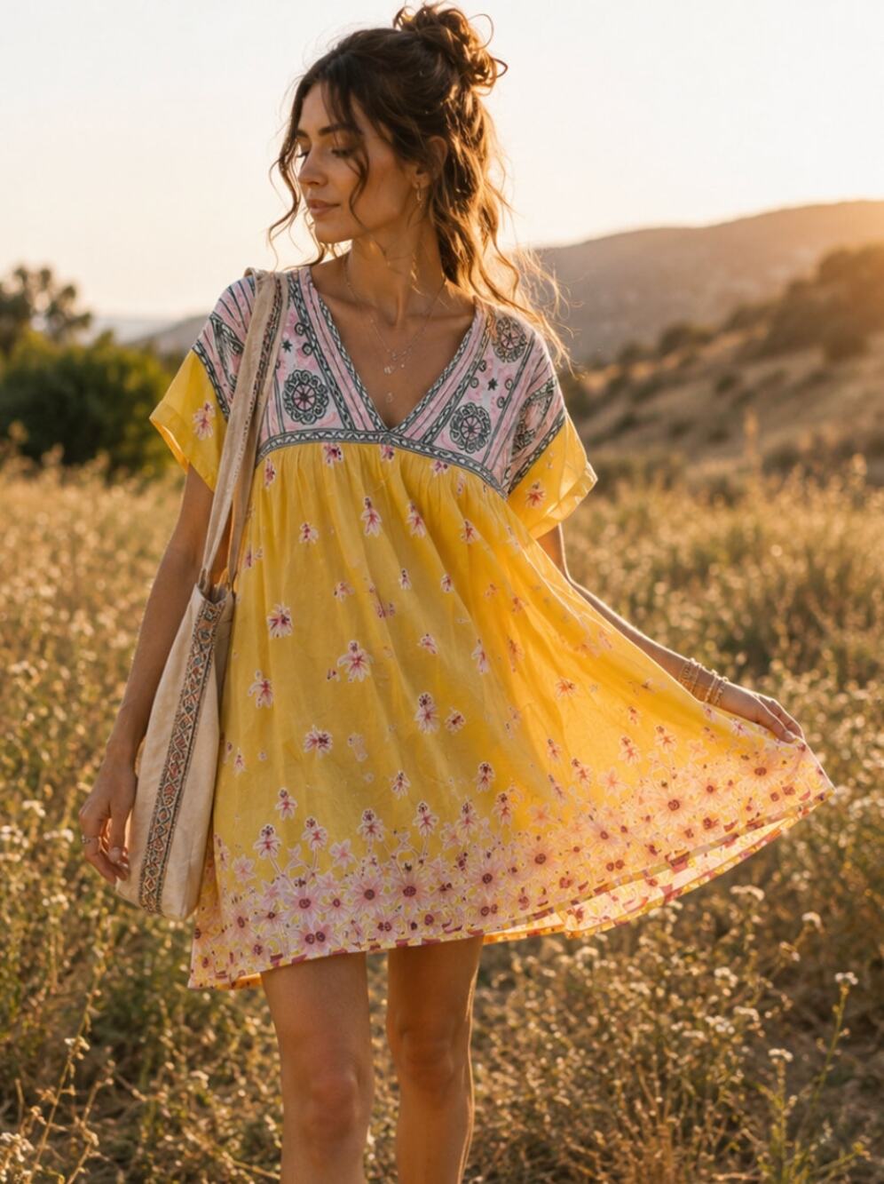 FLOE Yellow Embroidered Boho Dress Medium Festival Sundress Cotton Floral
